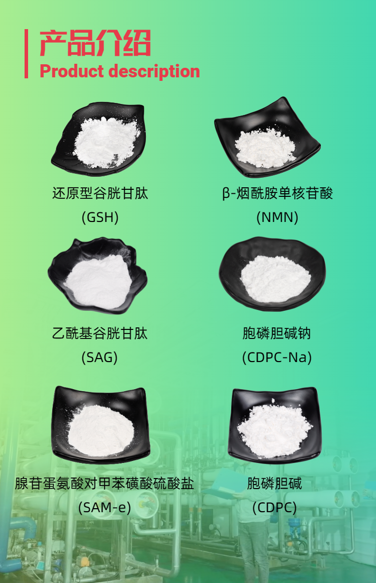 古特生物产物系列：复原型谷胱甘肽GSH、乙酰基谷胱甘肽SAG、烟酰胺单核苷酸NMN、胞磷胆碱钠CDPC-Na、腺苷蛋氨酸对甲苯磺酸硫酸盐SAMe